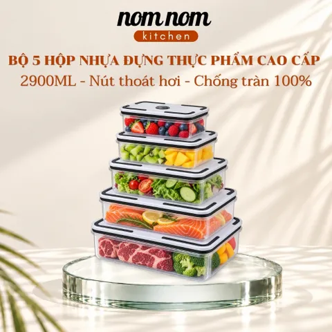 Bộ 5 Hộp Nhựa Đựng Thực Phẩm Cao Cấp Có Nút Thoát Hơi Lò Vi Sóng (2900ML / 102 OZ) - NOM NOM KITCHEN