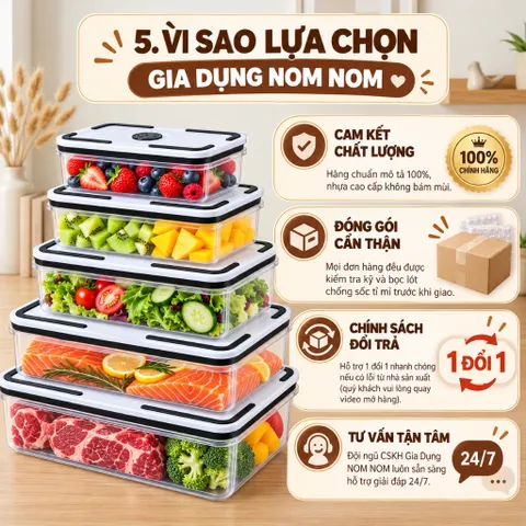 Bộ 5 Hộp Nhựa Đựng Thực Phẩm Cao Cấp Có Nút Thoát Hơi Lò Vi Sóng (2900ML / 102 OZ) - NOM NOM KITCHEN