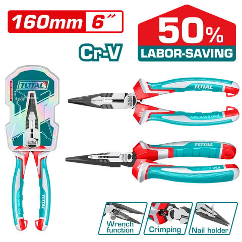KỀM MŨI NHỌN MỎ DÀI TOTAL THT221608S 160MM/6in – THÉP CR-V, TIẾT KIỆM 50% SỨC
