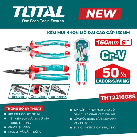 KỀM MŨI NHỌN MỎ DÀI TOTAL THT221608S 160MM/6in – THÉP CR-V, TIẾT KIỆM 50% SỨC