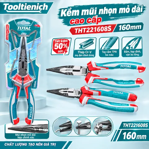 KỀM MŨI NHỌN MỎ DÀI TOTAL THT221608S 160MM/6in – THÉP CR-V, TIẾT KIỆM 50% SỨC