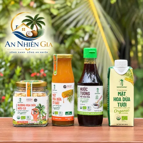 Combo 4 sản phẩm mật hoa dừa Sokfarm size vừa (đường 150g, mật cô đặc 250g, nước tương 200ml, mật hoa dừa tươi 330ml)
