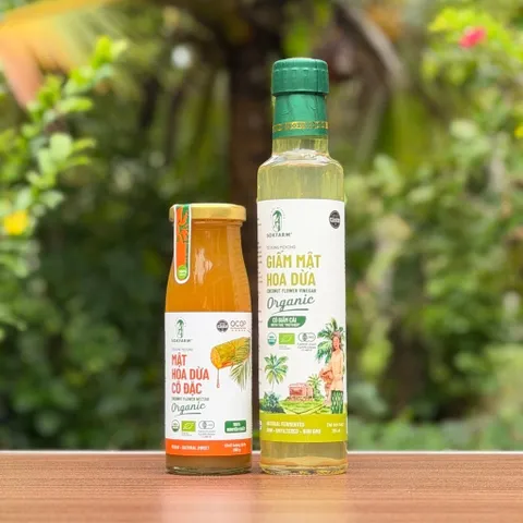 Combo 2 sản phẩm gia vị mật hoa dừa Sokfarm (Mật cô đặc 250g + Giấm 265ml).