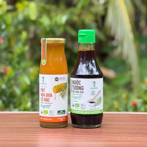 Combo 2 sản phẩm mật hoa dừa Sokfarm (Mật cô đặc 250g + Nước tương ít muối 200ml).