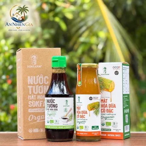 Combo 2 sản phẩm mật hoa dừa Sokfarm (Mật cô đặc 250g + Nước tương ít muối 200ml).