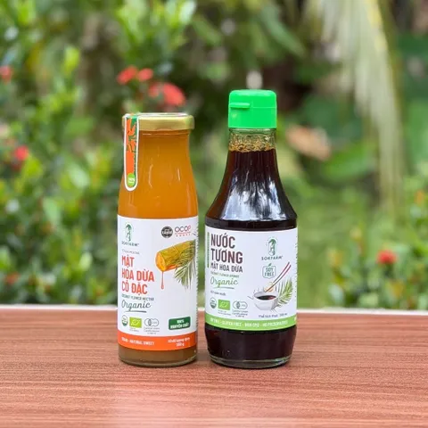 Combo 2 sản phẩm mật hoa dừa Sokfarm (Mật cô đặc 250g + Nước tương ít muối 200ml).