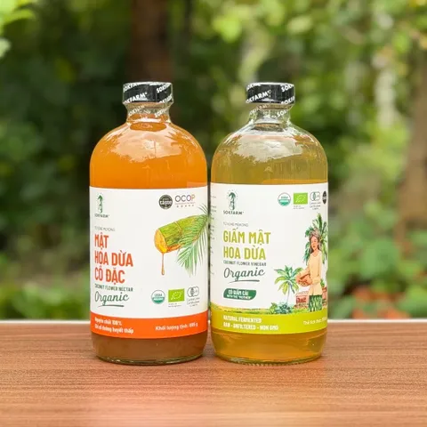 Combo 2 sản phẩm gia vị mật hoa dừa Sokfarm (Mật cô đặc 685g + Giấm 500ml).