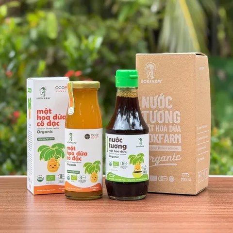 Combo 2 sản phẩm mật hoa dừa Sokfarm (Mật cô đặc cho bé 250g + Nước tương ít muối cho bé 200ml).