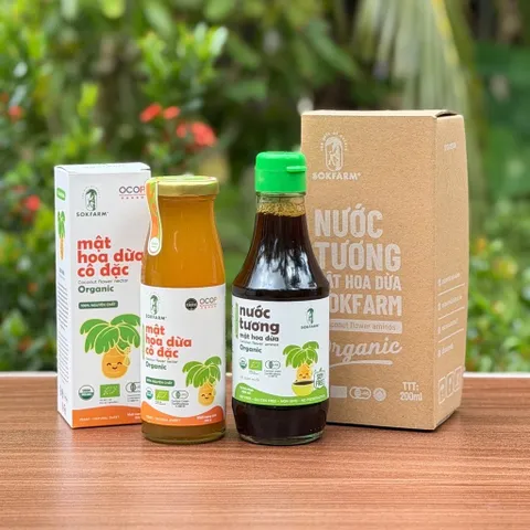 Combo 2 sản phẩm mật hoa dừa Sokfarm (Mật cô đặc cho bé 250g + Nước tương ít muối cho bé 200ml).