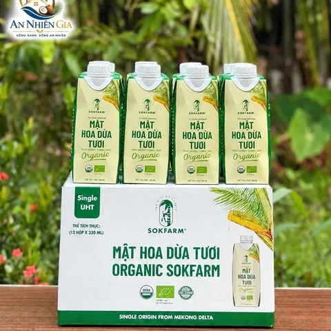 Date 7/2027 Thùng 12 hộp mật hoa dừa tươi Sokfarm tiệt trùng UHT mỗi hộp 330ml