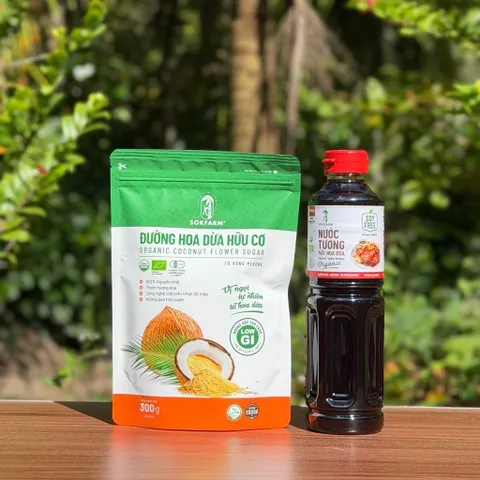 Combo 2 sản phẩm mật hoa dừa Sokfarm (Đường 300g + Nước tương nắp đỏ 500ml).