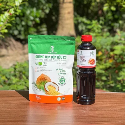 Combo 2 sản phẩm mật hoa dừa Sokfarm (Đường 300g + Nước tương nắp đỏ 500ml).