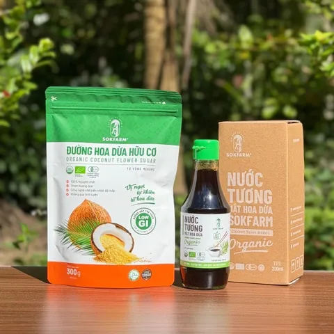 Combo 2 sản phẩm mật hoa dừa Sokfarm (Đường 300g + Nước tương nắp xanh 200ml).