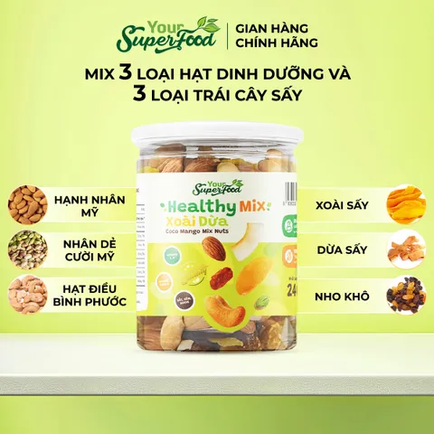 (MỚI) Hạt Dinh Dưỡng Healthy Mix Xoài Dừa, Hạnh Nhân, Điều, Dẻ Cười, Xoài Sấy, Dừa Sấy, Nho Khô Từ Your Superfood