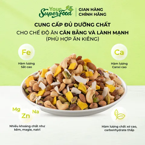 (MỚI) Hạt Dinh Dưỡng Healthy Mix Xoài Dừa, Hạnh Nhân, Điều, Dẻ Cười, Xoài Sấy, Dừa Sấy, Nho Khô Từ Your Superfood
