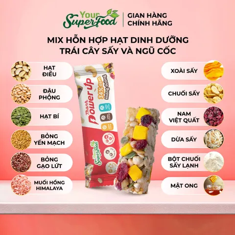 (MỚI) Hộp 5 Thanh Năng Lượng Power Up Bar, Không Đường, 34% Đạm Từ Your Superfood