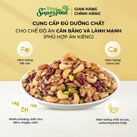 (MỚI) Hạt Dinh Dưỡng Healthy Mix Your Superfood Mix Nuts 7 Loại Hạt, Macca, Hạnh Nhân, Óc Chó Vàng, Óc Chó Đỏ, Điều, Bí Xanh, Dẻ Cười