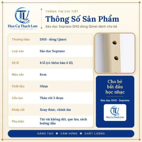 Sáo Dọc Soprano DHS 8 Lỗ Cho Bé Màu Kem Tháo Rời 3 Đoạn Kèm Túi Vải Que Lau Sách Hướng Dẫn