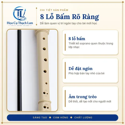 Sáo Dọc Soprano DHS 8 Lỗ Cho Bé Màu Kem Tháo Rời 3 Đoạn Kèm Túi Vải Que Lau Sách Hướng Dẫn