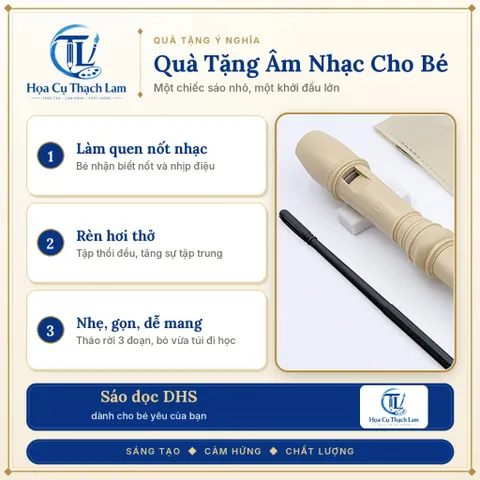 Sáo Dọc Soprano DHS 8 Lỗ Cho Bé Màu Kem Tháo Rời 3 Đoạn Kèm Túi Vải Que Lau Sách Hướng Dẫn