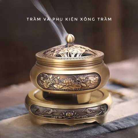 Bộ Lư xông trầm bằng đồng khắc hoa sen đồng nhất cao cấp loại 1, đủ phụ kiện kèm(QUÀ:Chai dầu gió trầm)