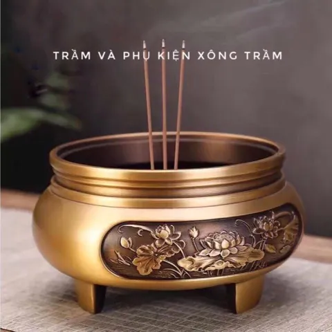 Bộ Lư xông trầm bằng đồng khắc hoa sen đồng nhất cao cấp loại 1, đủ phụ kiện kèm(QUÀ:Chai dầu gió trầm)
