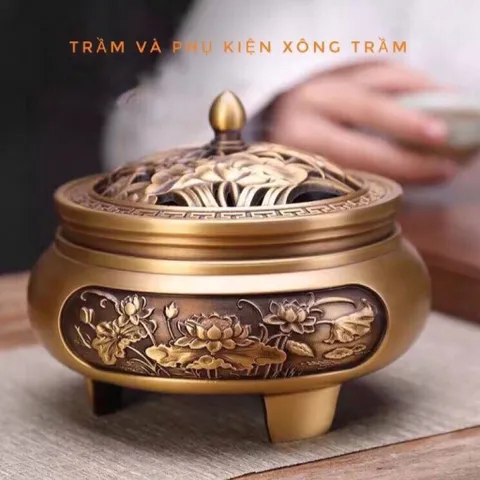 Bộ Lư xông trầm bằng đồng khắc hoa sen đồng nhất cao cấp loại 1, đủ phụ kiện kèm(QUÀ:Chai dầu gió trầm)