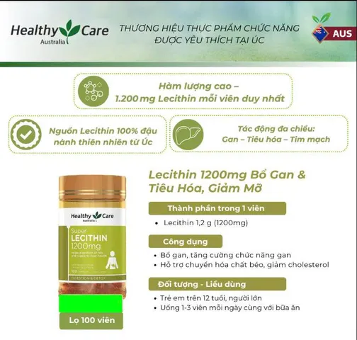Viên uống mầm đậu nành Healthy Care Super Lecithin 1200mg hộp 100 viên của Úc