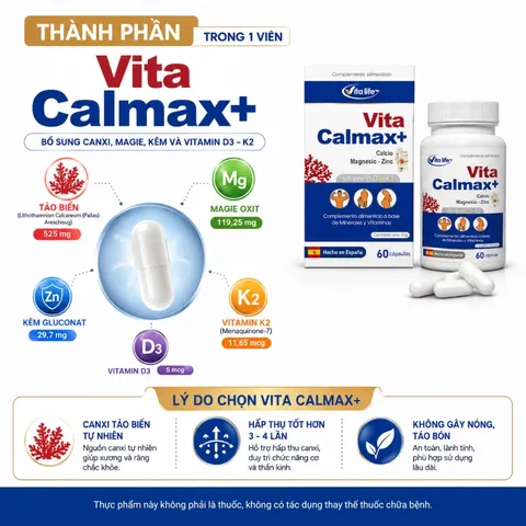 VITA CALMAX bổ sung Canxi tảo biển giúp chắc khỏe xương  phù hợp cho trẻ em trên 6 tuổi, người lớn