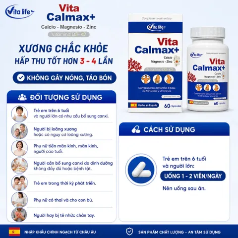 VITA CALMAX bổ sung Canxi tảo biển giúp chắc khỏe xương  phù hợp cho trẻ em trên 6 tuổi, người lớn
