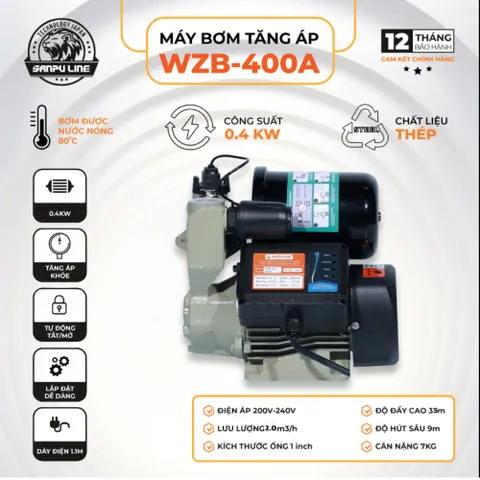 Máy bơm tăng áp nước  tự động SANPULINE WZB-250A,WZB-300A,WZB-400A Đẩy Cao 30 Mét và Hút Sâu 9 Mét. Bảo Hành 12 Tháng