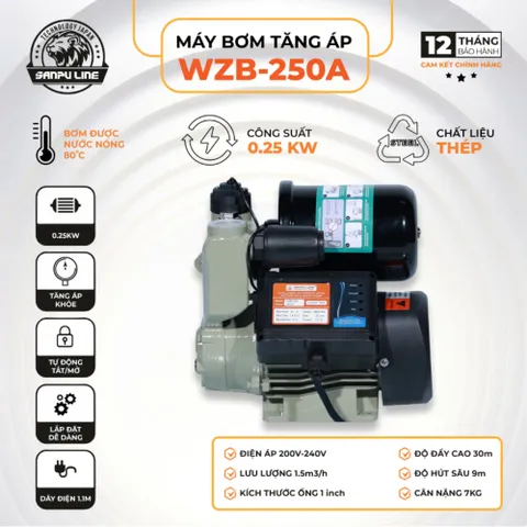 Máy bơm tăng áp nước  tự động SANPULINE WZB-250A,WZB-300A,WZB-400A Đẩy Cao 30 Mét và Hút Sâu 9 Mét. Bảo Hành 12 Tháng