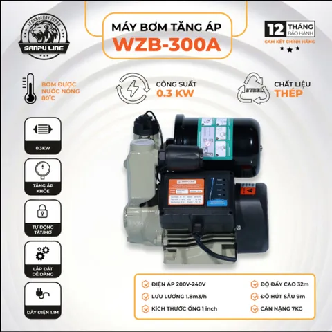 Máy bơm tăng áp nước  tự động SANPULINE WZB-250A,WZB-300A,WZB-400A Đẩy Cao 30 Mét và Hút Sâu 9 Mét. Bảo Hành 12 Tháng