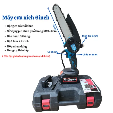 MÁY CƯA XÍCH MINI 6 INCH DÙNG PIN CHÂN PHỔ THÔNG M21-4CM. Bảo hành 3 tháng.