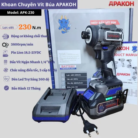 Máy Khoan Chuyên Vít Có Búa APAKOH APK-230N.m, Lực Siết 230N.m, 3800rmp/min. Động Cơ Không Chổi Than  Bảo Hành 12 Tháng.