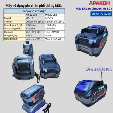 Máy Khoan Chuyên Vít Có Búa APAKOH APK-230N.m, Lực Siết 230N.m, 3800rmp/min. Động Cơ Không Chổi Than  Bảo Hành 12 Tháng.