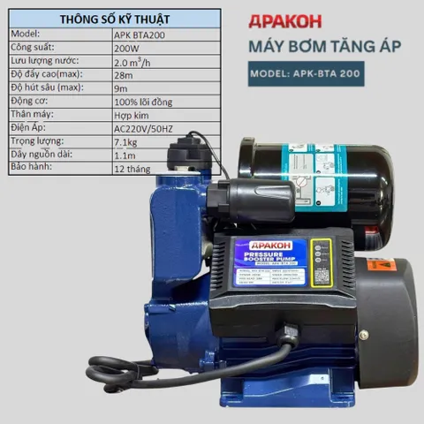 Máy bơm nước tăng áp tự động APAKOH Công suất 160W,200W,300W Bảo Hành 12 Tháng