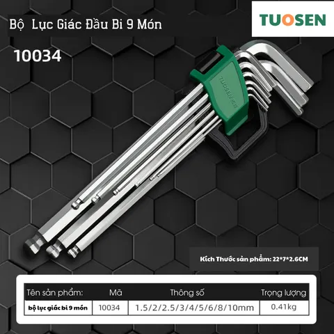 BỘ LỤC GIÁC ĐẦU BI 9 CHI TIẾT TUOSEN MÃ 10034, GIA CÔNG THÉP Chrome Vanadium CRV