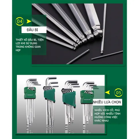 BỘ LỤC GIÁC ĐẦU BI 9 CHI TIẾT TUOSEN MÃ 10034, GIA CÔNG THÉP Chrome Vanadium CRV