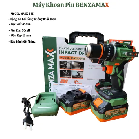 Bộ máy khoan 13mm BENZAMAX BZM-MAXX-D45,Lực siết 45N.M,Chân pin phổ thông,Bảo hành 6 tháng