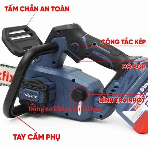 Máy cưa xích 12inch Workfix WF-CX12PRO,Tra nhớt tự động,Động cơ không chổi than,Chân phổ thông M21 4CM. Bảo hàng 1 năm