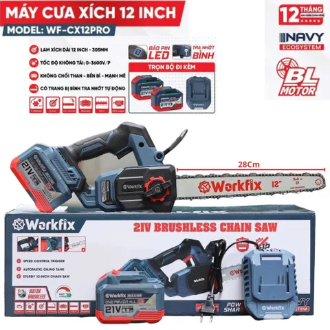 Máy cưa xích 12inch Workfix WF-CX12PRO,Tra nhớt tự động,Động cơ không chổi than,Chân phổ thông M21 4CM. Bảo hàng 1 năm