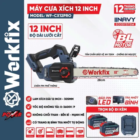 Máy cưa xích 12inch Workfix WF-CX12PRO,Tra nhớt tự động,Động cơ không chổi than,Chân phổ thông M21 4CM. Bảo hàng 1 năm