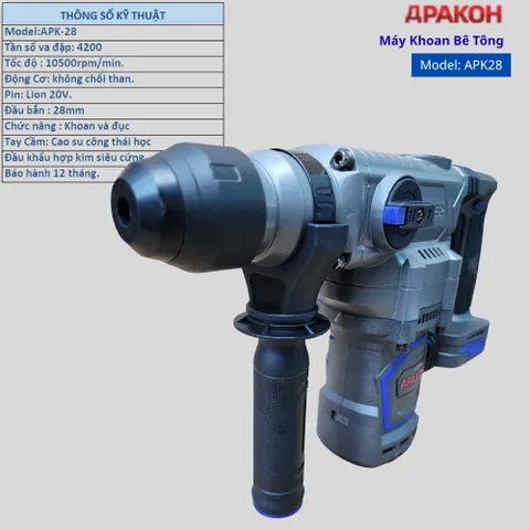 Máy Khoan Đục Bê Tông Dùng Pin APAKOH APK28 ,Đầu 28mm, Tốc Độ 10500rpm/min Động Cơ Không  Chổi Than. Bảo Hành 12 tháng.