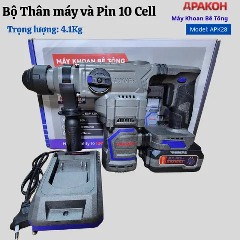 Máy Khoan Đục Bê Tông Dùng Pin APAKOH APK28 ,Đầu 28mm, Tốc Độ 10500rpm/min Động Cơ Không  Chổi Than. Bảo Hành 12 tháng.