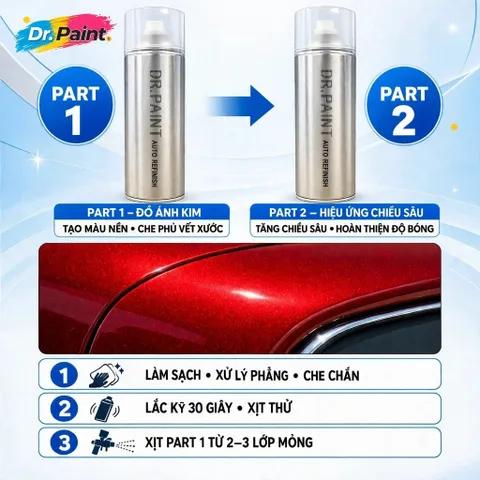 [TẶNG NHÁM] 2 Bình Sơn Xịt Xóa Vết Xước Xe Ô tô VINFAST VF3 màu ĐỎ ÁNH KIM CODE REC – CRIMSON RED chính hãng DR.PAINT