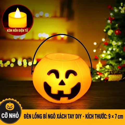 Đèn lồng bí ngô xách tay DIY cỡ nhỏ kèm nến điện tử 9x7cm trang trí Halloween