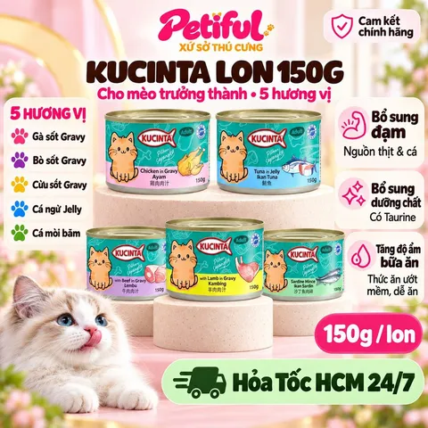 Pate Cho Mèo Trưởng Thành Kucinta Lon 150g 5 Vị Gravy Jelly - Dùng Trực Tiếp, Trộn Hạt