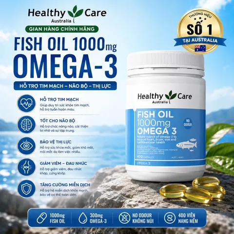 Dầu cá tự nhiên Fish Oil 1000 mg Omega 3 hãng Healthy Care của Úc hộp 400 viên