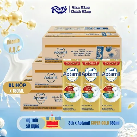 Combo 3 Thùng Aptamil Sữa Dinh Dưỡng Pha Sẵn Super Gold KID 180ml GẤP 3 lần DHA hỗ trợ phát triển trí não, Prebiotic